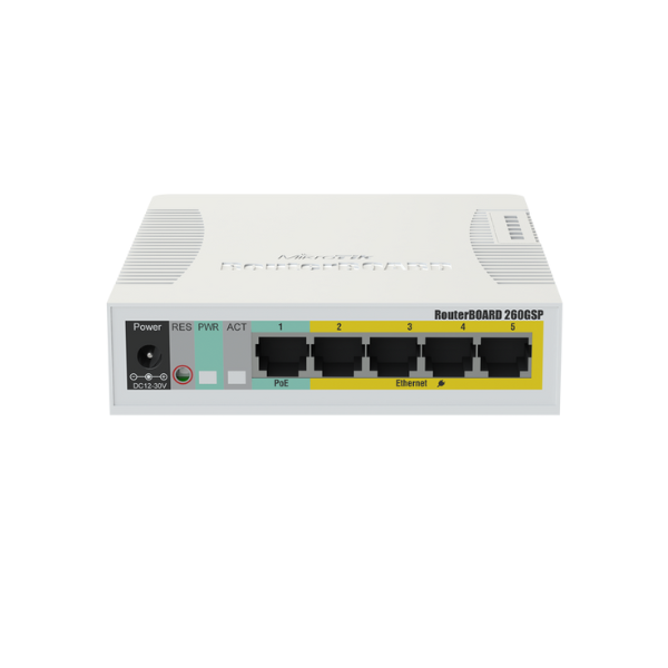 CSS106-1G-4P-1S RB260GSP with 5 Gigabit ports and SFP cage, SwOS, plastic case, PSU, POE-OUT Mikrotik