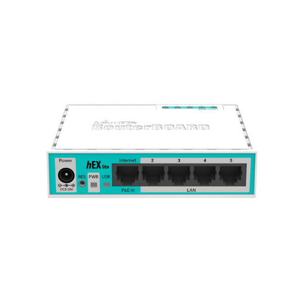 RB750r2 hEX lite with 850MHz CPU, 64MB RAM, 5 LAN ports, RouterOS L4, plastic case, PSU Mikrotik