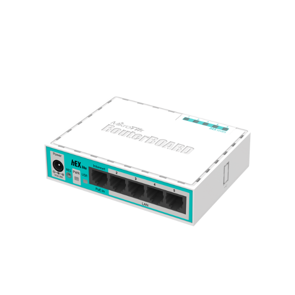 RB750r2 hEX lite with 850MHz CPU, 64MB RAM, 5 LAN ports, RouterOS L4, plastic case, PSU Mikrotik