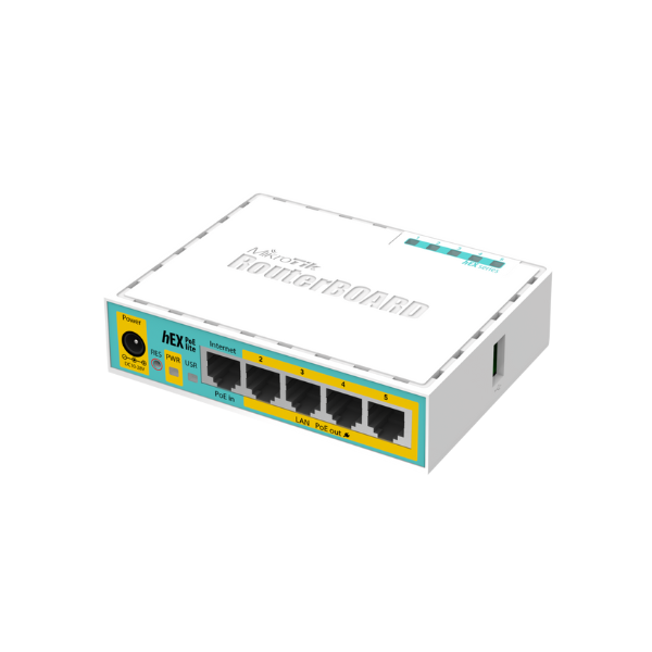 RB750UPr2 hEX PoE lite with 650MHz CPU, 64MB RAM, 5xLAN (four with PoE out), USB, RouterOS L4, plastic case and PSU Mikrotik