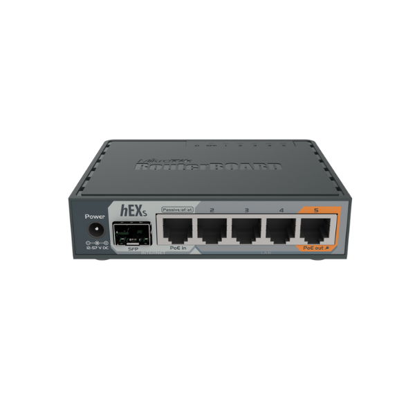 RB760iGS hEX S with Dual Core 880MHz MHz CPU, 256MB RAM, 5 Gigabit LAN ports, SFP, USB, PoE-out on port #5, RouterOS L4, plastic