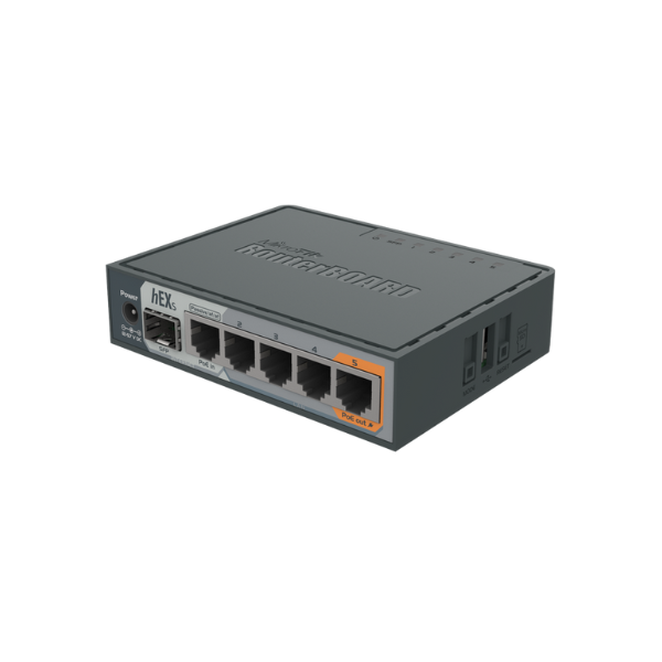RB760iGS hEX S with Dual Core 880MHz MHz CPU, 256MB RAM, 5 Gigabit LAN ports, SFP, USB, PoE-out on port #5, RouterOS L4, plastic